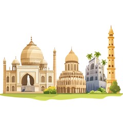 Obraz premium Cartoon skyline of famous monuments from around the world like the Colosseum and Taj Mahal on a white background.