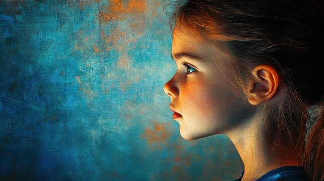 A side profile of a young girl, her face painted in rich hues of blue and orange, with the textured background evoking expressive style
