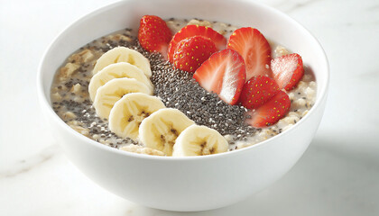Editorial photo of oatmeal bowl with bananas, strawberries, and chia seeds