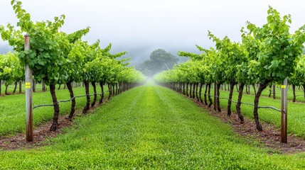 Naklejka premium Misty Vineyard Pathway Surrounded by Lush Green Grapevines