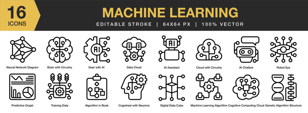 Machine Learning icon set. Editable Stroke Icon Collection. Includes assistant, chatbot, brain, cloud, cognitive, data, cloud, and More. Outline icons vector collection.