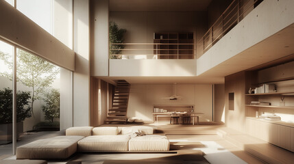 a house with loft design,  modern interior design of a home with an open-plan layout, clean lines and a contemporary aesthetic, featuring a blend of natural wood and sleek gray materials