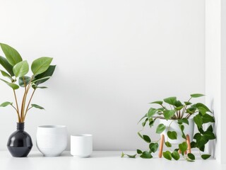 Minimalist green plant in brown pot on wooden table against gray wall background, greenery, elegant