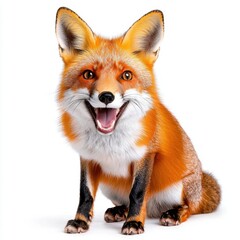 Fototapeta premium A photostock of a fox sitting against a white background, alert and natural.