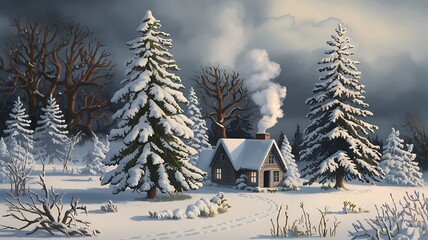 A Small Cabin in a Snowy Forest with Smoke Rising from its Chimney