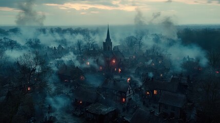 Obraz premium Enchanting Misty Village Nestled in a Dreamlike Landscape