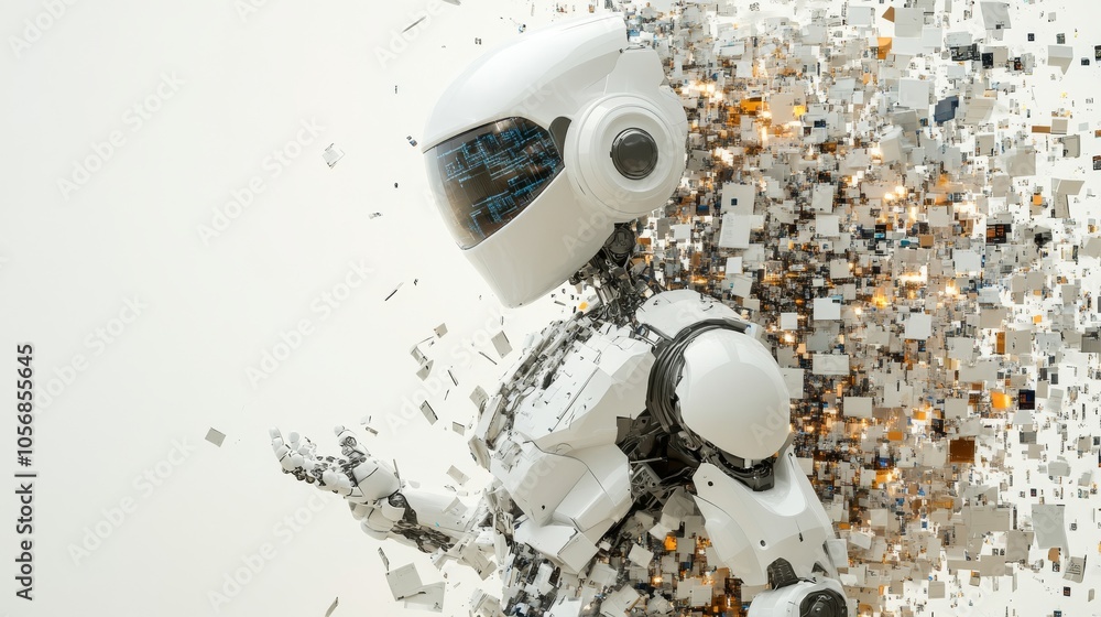 Poster disintegrating white robot amidst a pixelated background