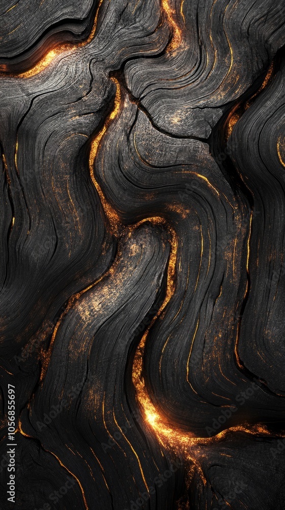 Poster a black and orange image of a tree trunk with a fire burning through it