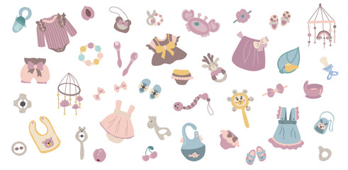 Fototapeta premium Set It's a baby. Hello girl. White background, isolate. Dresses, bib, handbag, toys, dishes.