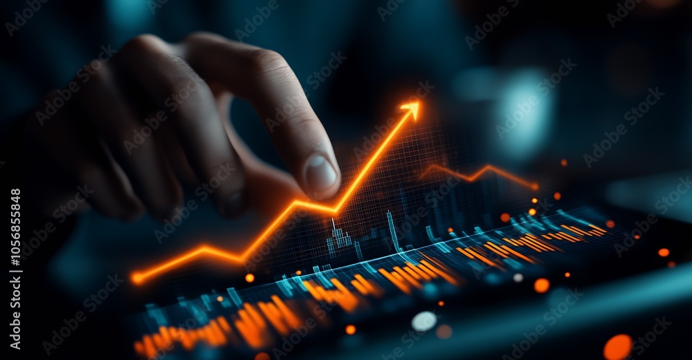 Fototapete financial success concept with finger pointing at rising graph on digital display tablet image : gen