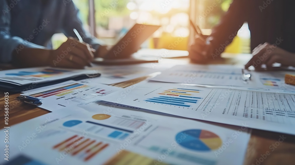Poster Collaborative Team Analyzing Financial Data and Graphs on Desktop for Business Strategy Insights : Generative AI