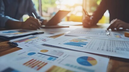 Collaborative Team Analyzing Financial Data and Graphs on Desktop for Business Strategy Insights : Generative AI