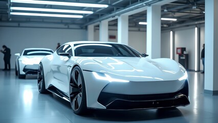 Naklejka premium Futuristic White Concept Car Undergoes Diagnostic Testing 