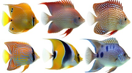 Fototapeta premium A vibrant display of various tropical fish species, including angelfish and butterflyfish, set against a white background to showcase the rich diversity and vibrant colors of marine life.