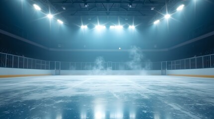 Professional ice rink, sports arena. Stadium with floodlights. Ice background.