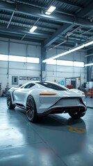 Futuristic White Concept Car Undergoes Diagnostic Testing 