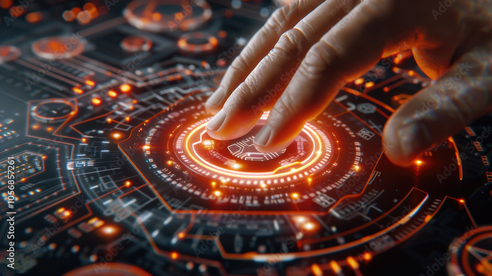 Aufkleber close up view of hand interacting with futuristic control screen, featuring illuminated circuits and