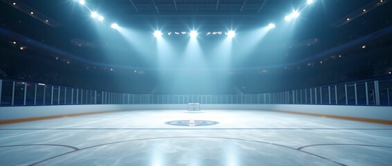Professional ice rink, sports arena. Stadium with floodlights. Ice background.