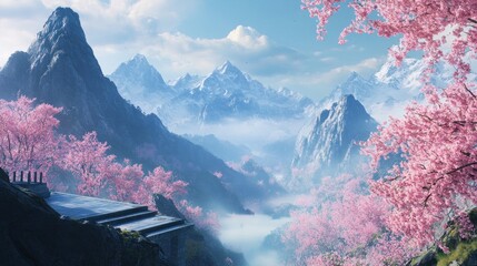 Serene Mountain Landscape with Sakura Blossoms