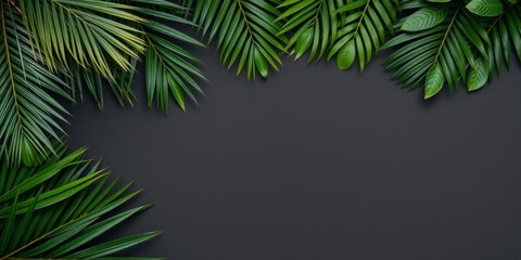 Tropical palm leaves on gray black backdrop, top view flat lay summer nature design square format, palm, design