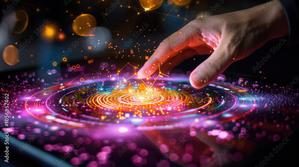 Poster hand interacts with vibrant digital interface, showcasing colorful data visualizations and glowing e