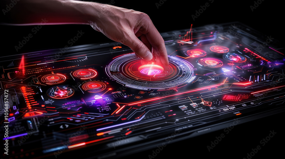 Poster hand interacts with futuristic holographic interface, showcasing advanced technology and vibrant gra