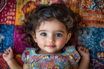 A young child resting on a vibrant blanket, perfect for family or kid-related content