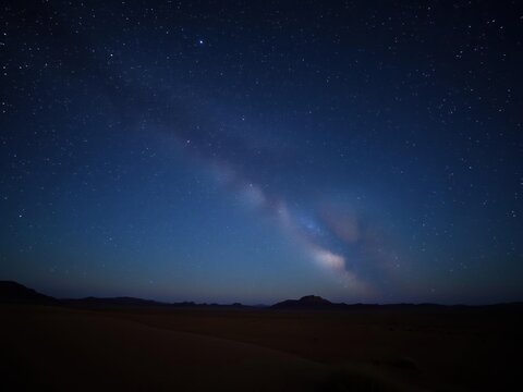 A stunning astro night in the desert, with a clear starry sky above, remote, celestial