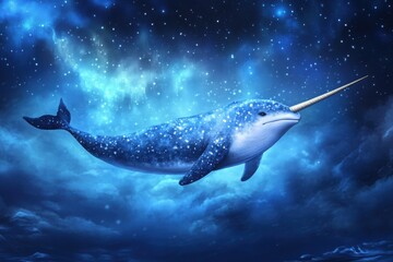 Ethereal Narwhal Swimming in Starry Ocean Background