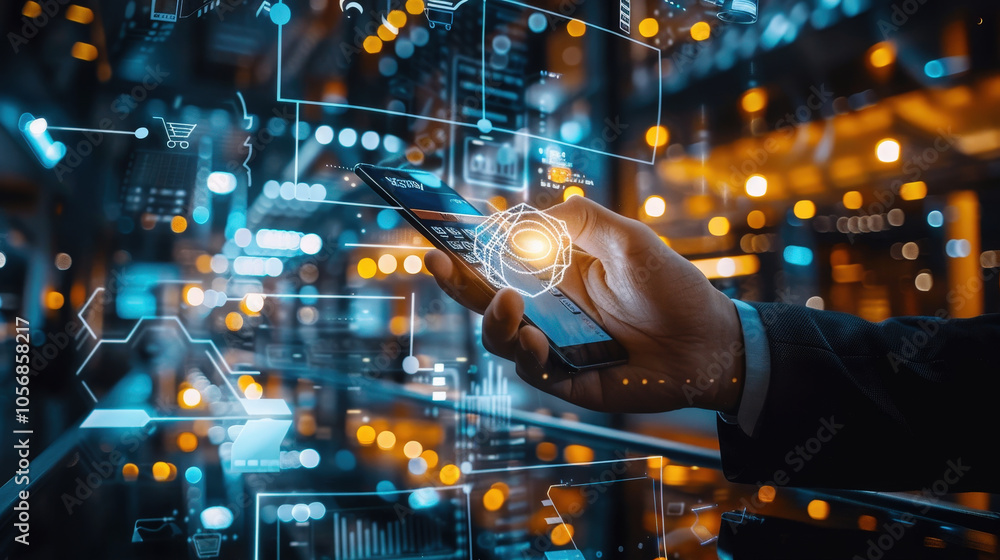 Poster business professional is using smartphone, surrounded by digital interfaces and glowing data visuali