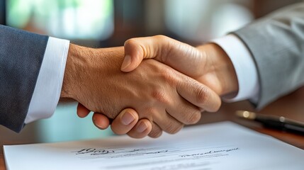 Obraz premium Businessmen shaking hands over a signed contract.