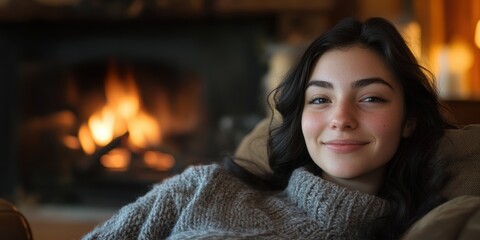 Canadian Young Woman Enjoying a Cozy Cabin Retreat with a Warm Smile by the Fireplace