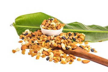 ssorted nuts on white, dry fruits, mix nuts, almond, cashew, pistachio, raisin