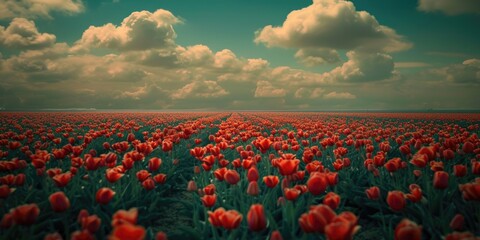A field of red tulips blooming under a cloudy sky, a beautiful and peaceful scene