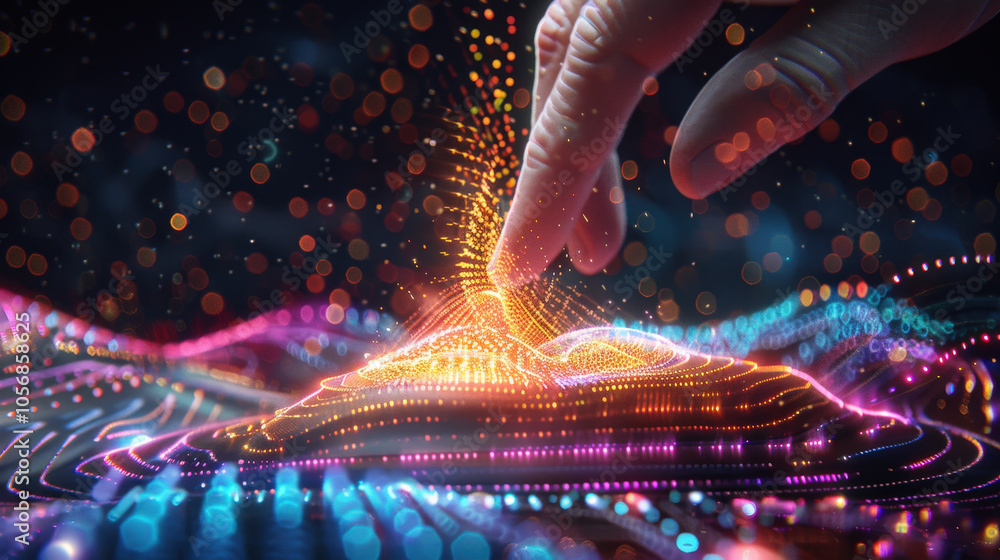 Aufkleber close up of finger tapping glowing holographic surface, creating vibrant light patterns and waves. s
