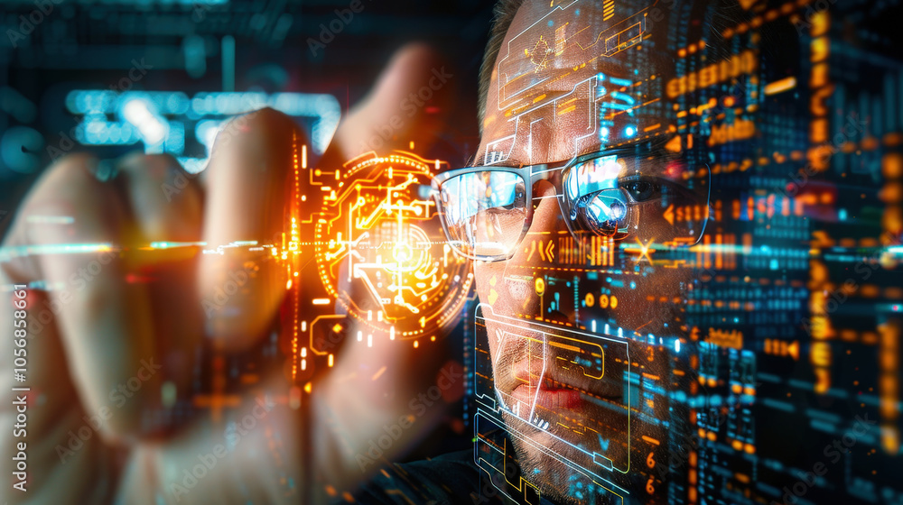 Aufkleber close up of person interacting with glowing holographic interface, showcasing advanced technology an