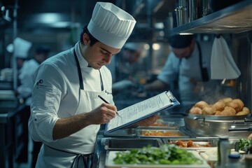 A chef meticulously reviews a kitchen inventory. Culinary artistry requires precision and organization. Teamwork enhances the cooking experience. Generative AI