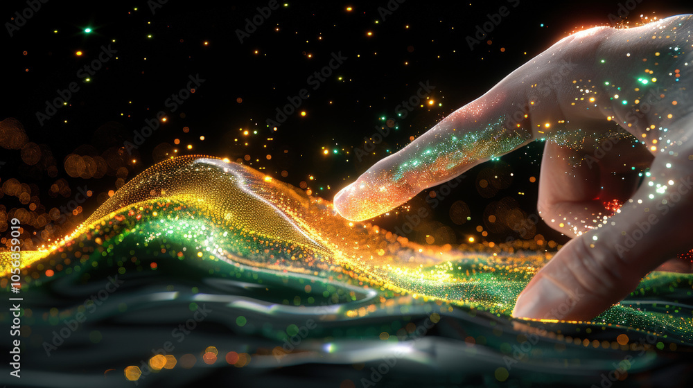 Aufkleber close up of finger navigating through vibrant 3d digital interface, showcasing colorful waves of lig