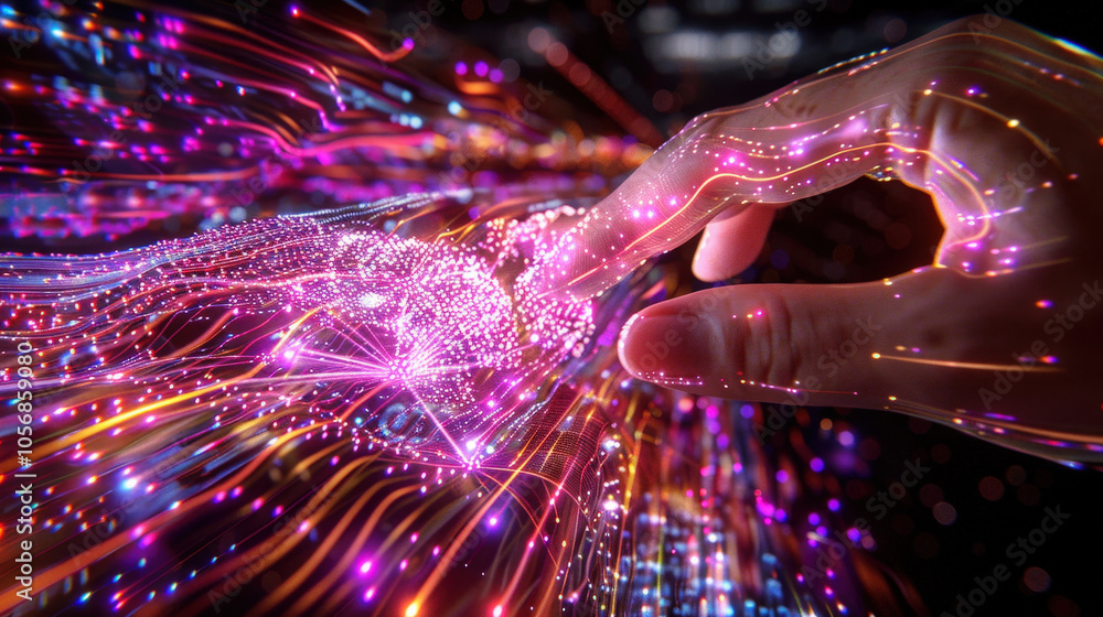 Poster close up of hand navigating through vibrant 3d digital interfaces, showcasing colorful light trails 