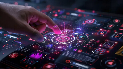 Obraz premium close up of finger navigating futuristic 3D digital interface, showcasing vibrant holographic elements and intricate designs. scene conveys sense of advanced technology and innovation
