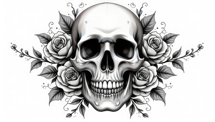 Skull and Roses Tattoo - Black and White Skull with Roses
