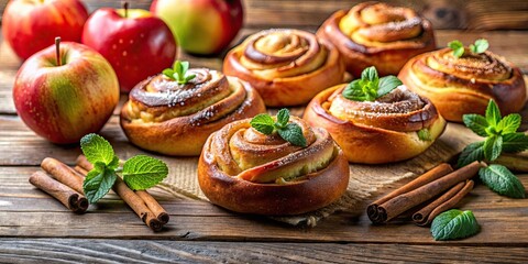 Fresh sweet buns with a combination of cinnamon, mint, and apples on a rustic wooden table , bakery, dessert, pastries, homemade