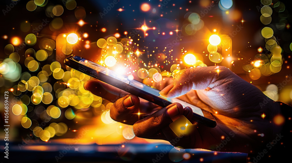 Poster close up of hand holding smartphone, illuminated by sparkling lights and bokeh effects, creating mag