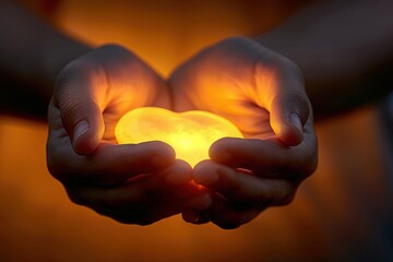 Hands gently cradling a glowing heart shaped stone, symbolizing warmth, love, and care in a peaceful setting.

