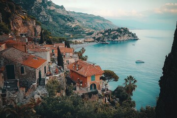 Naklejka premium A picturesque coastal small town with buildings and streets, ideal for use in travel or real estate projects
