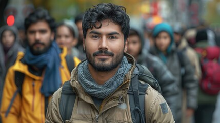 A young man in a crowd, looking directly at the camera with confidence and a gentle smile, symbolizing individuality and connection within a diverse group.

