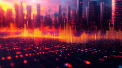 Vibrant sound wave visualization over a city skyline at sunset.