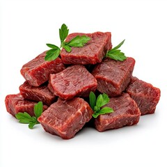 Fototapeta premium A photostock of a pile of beef jerky on a white background, rustic and protein-rich.