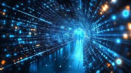 Obraz premium An immersive stock photo showcasing a futuristic virtual portal filled with intricate geometric shapes and shimmering light effects