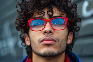 A person wearing distinctive red glasses and a blue jacket, possibly in an urban setting